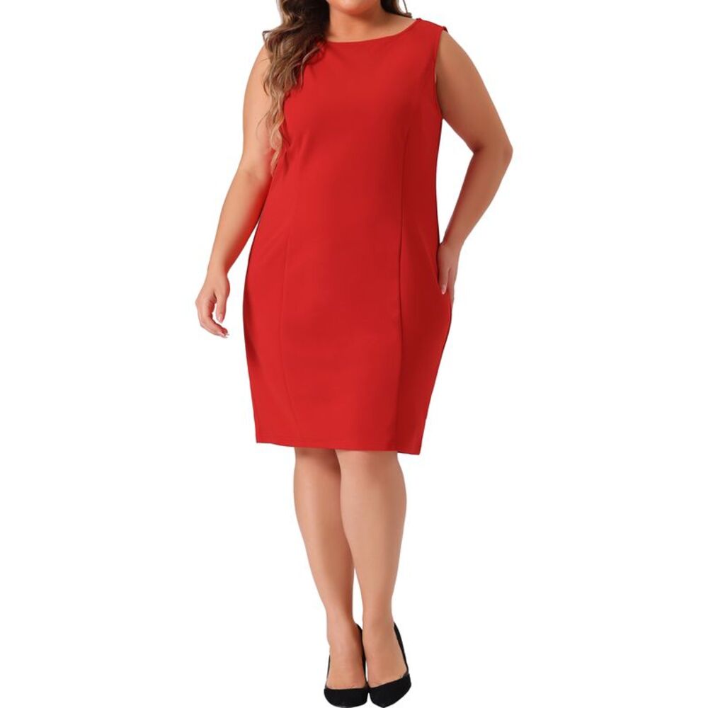 Plus Size Dresses for Classic Boat Neck Work Sheath Dress Red